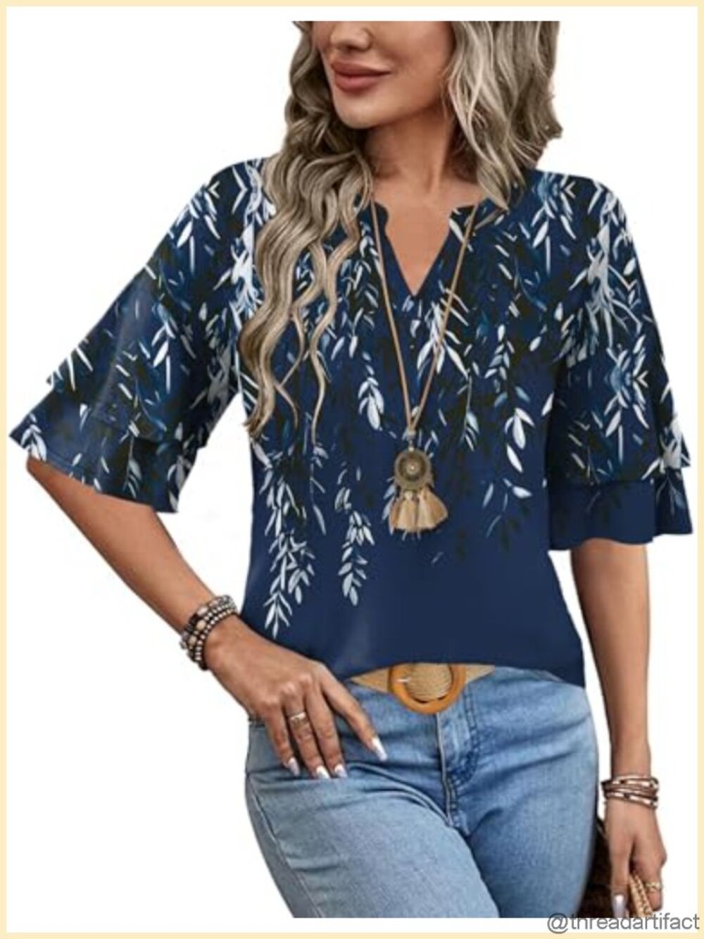 Women's 3/4 Sleeve V Neck Ruffle Bell Sleeve Blouse Summer Tunic Top